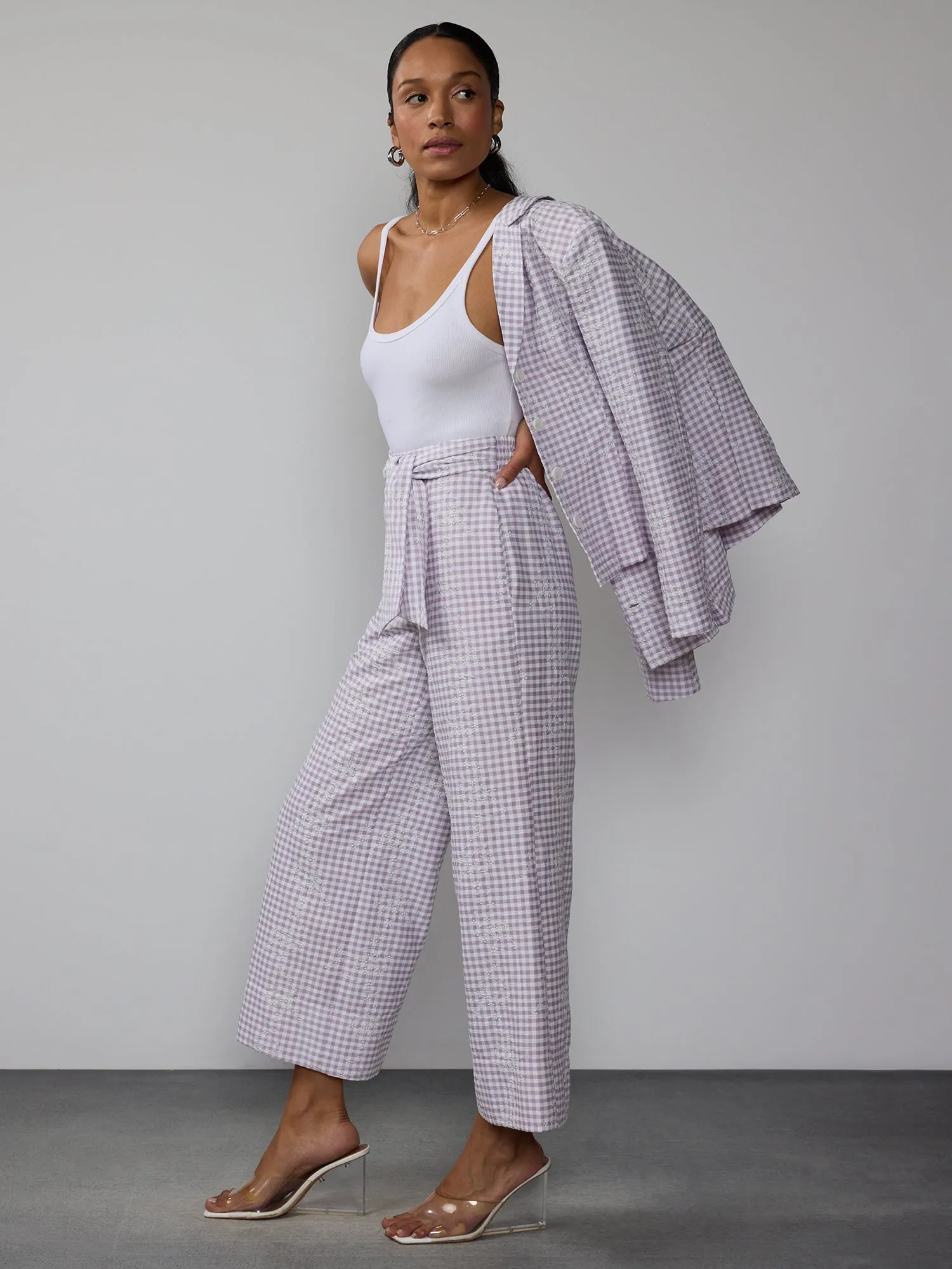 Embroidered Gingham Wide Leg Pants