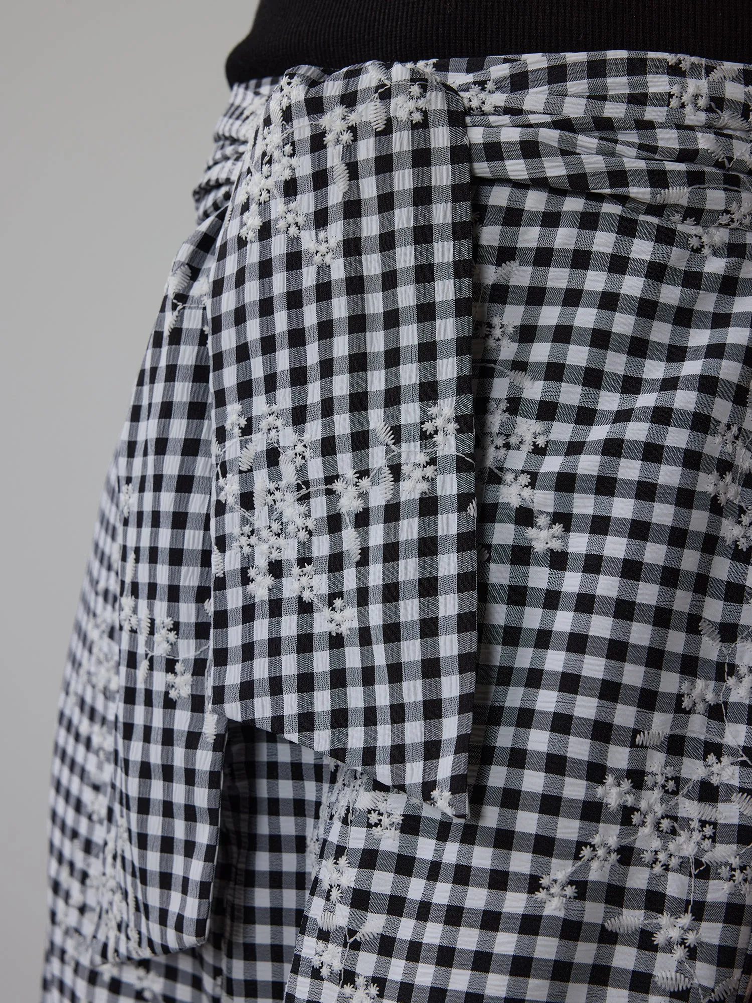 Embroidered Gingham Wide Leg Pants