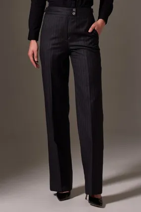 Emma Wide Leg Pant - Charcoal Pinstripe Wool