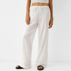 Eyelet Cute Flower Embroidered Casual Loose Wide Leg High Waist Palazzo Pants