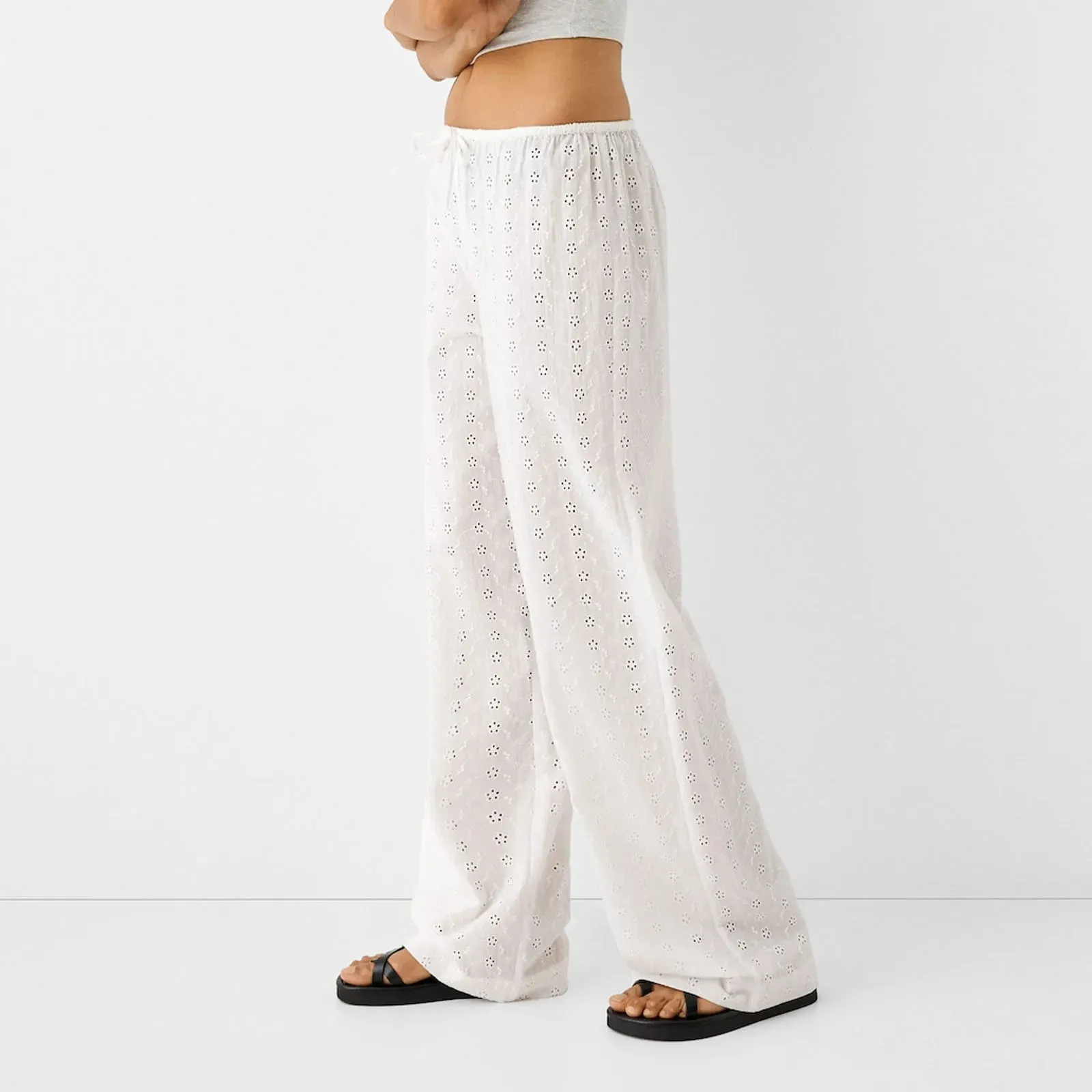 Eyelet Cute Flower Embroidered Casual Loose Wide Leg High Waist Palazzo Pants