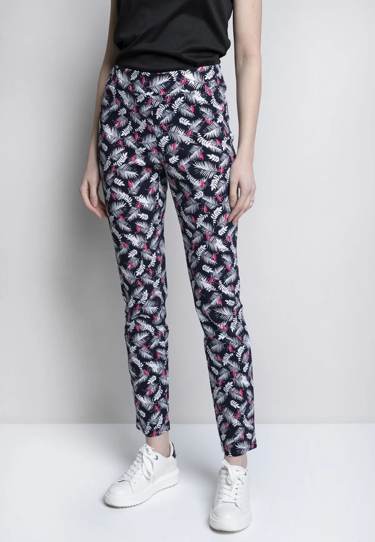 Flamingo Leaf Print Pull-on Straight Leg Pants