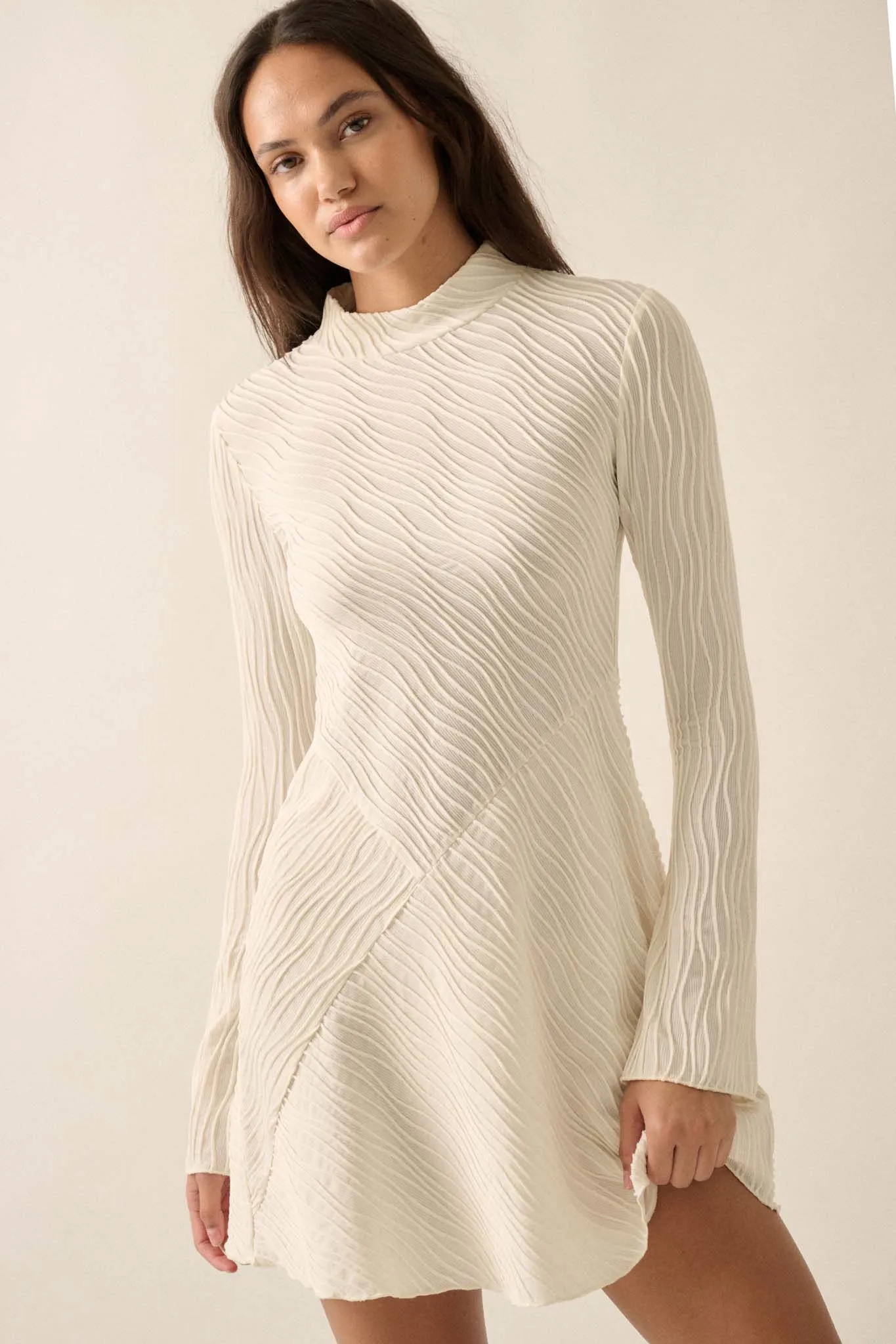 Flow Motion Wavy Ribbed-Knit Mock-Neck Mini Dress