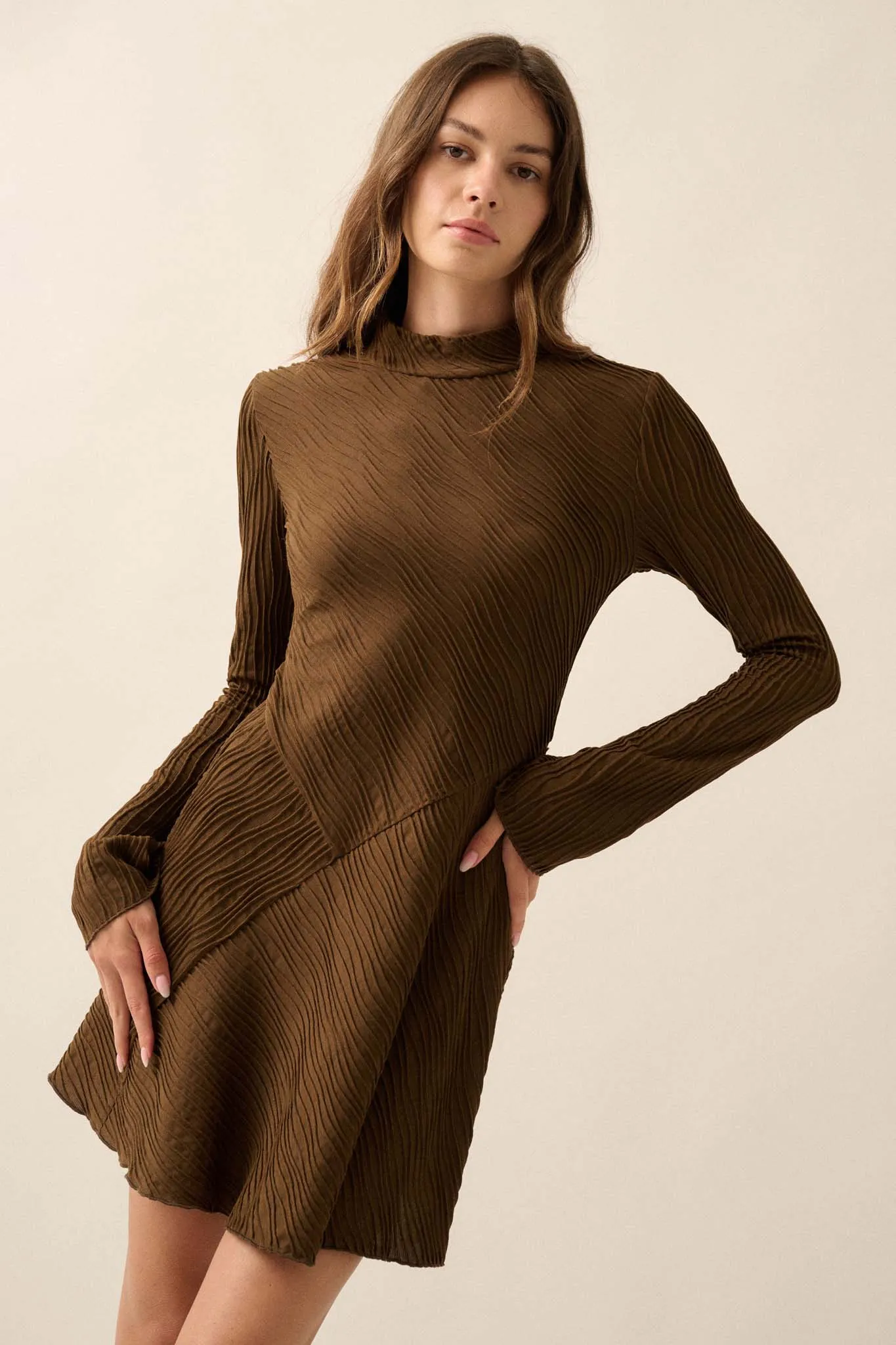 Flow Motion Wavy Ribbed-Knit Mock-Neck Mini Dress