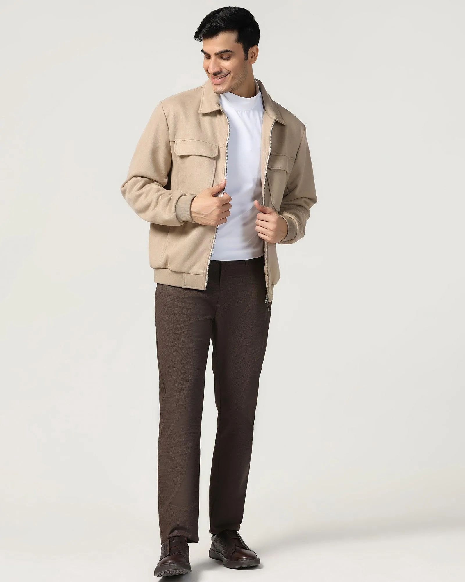 Formal Beige Solid Zipper Jacket - Ducrot