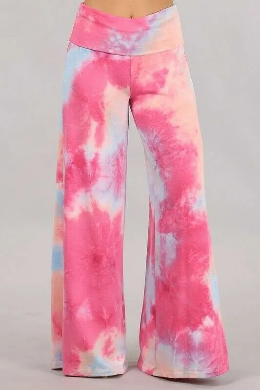 Fuchsia Pink Tie Dye Wide Leg Palazzo Relaxed Fit Foldover Waist Lounge Pants