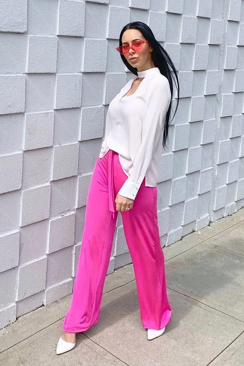 Fuchsia Slinky Tie Detail Wide Leg Trousers - Jenelle