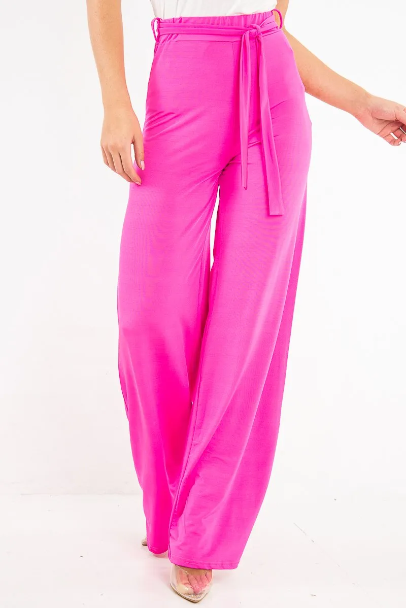 Fuchsia Slinky Tie Detail Wide Leg Trousers - Jenelle