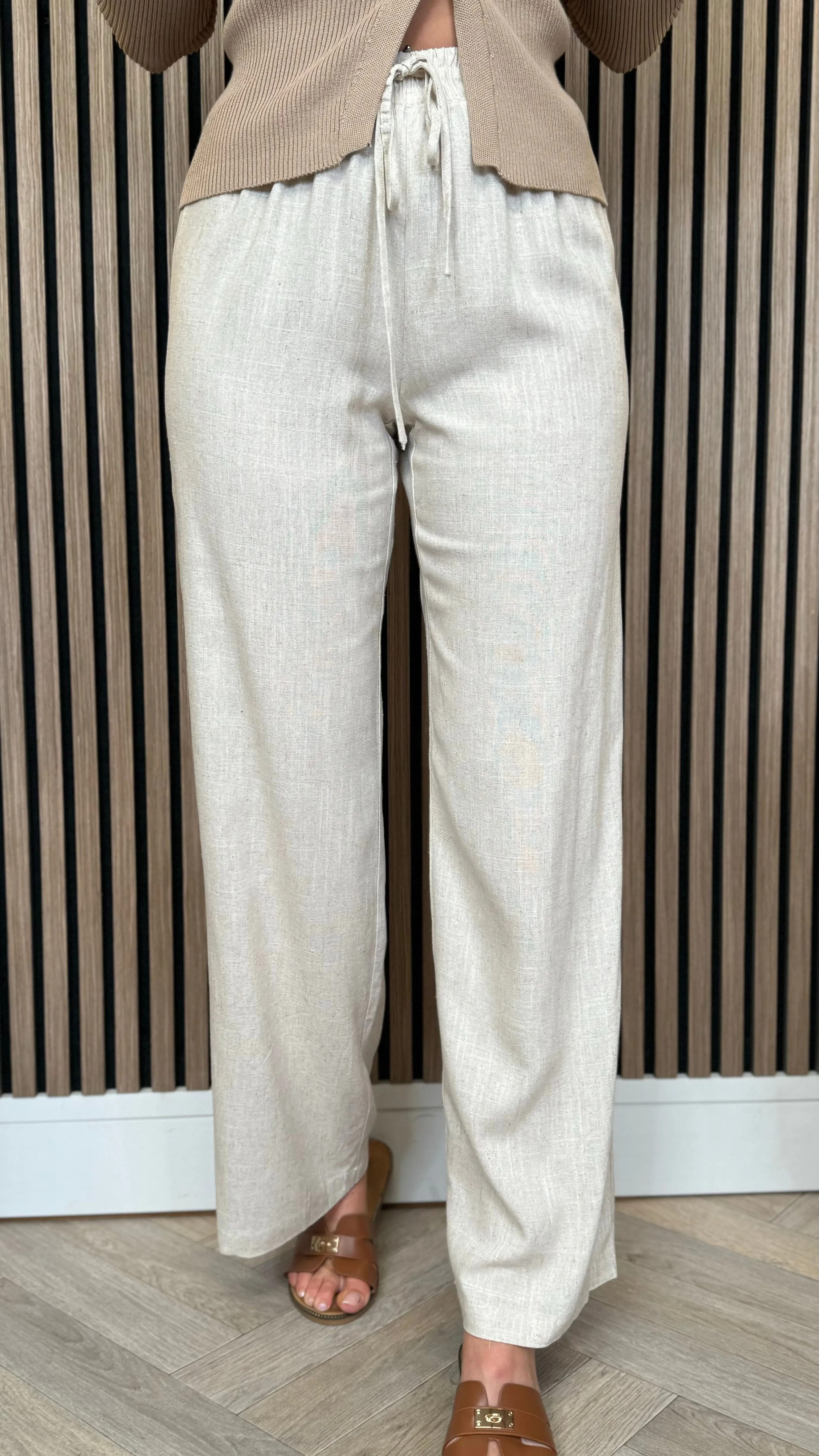 Gianna Beige Linen Effect Wide Leg Trousers