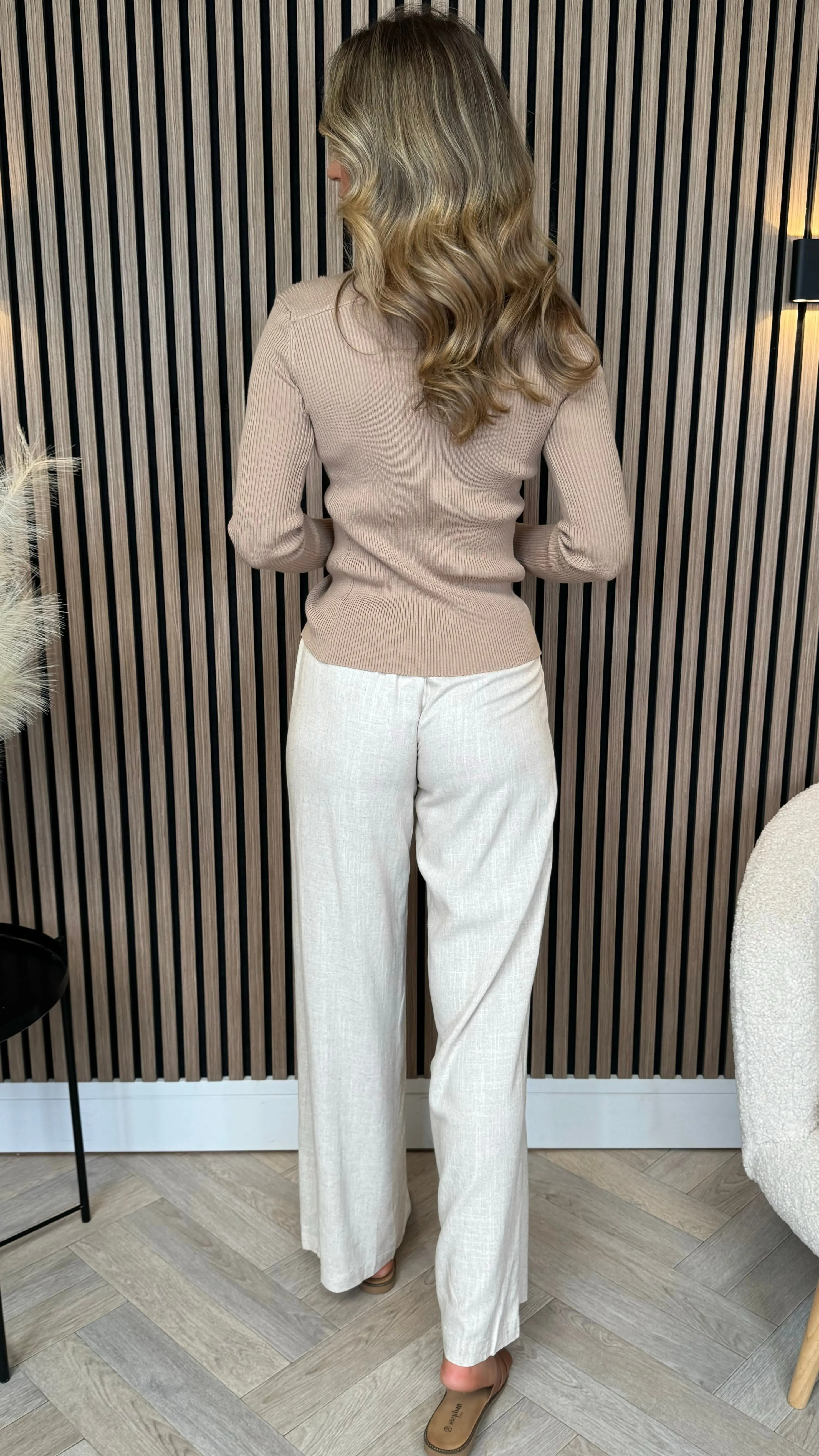 Gianna Beige Linen Effect Wide Leg Trousers