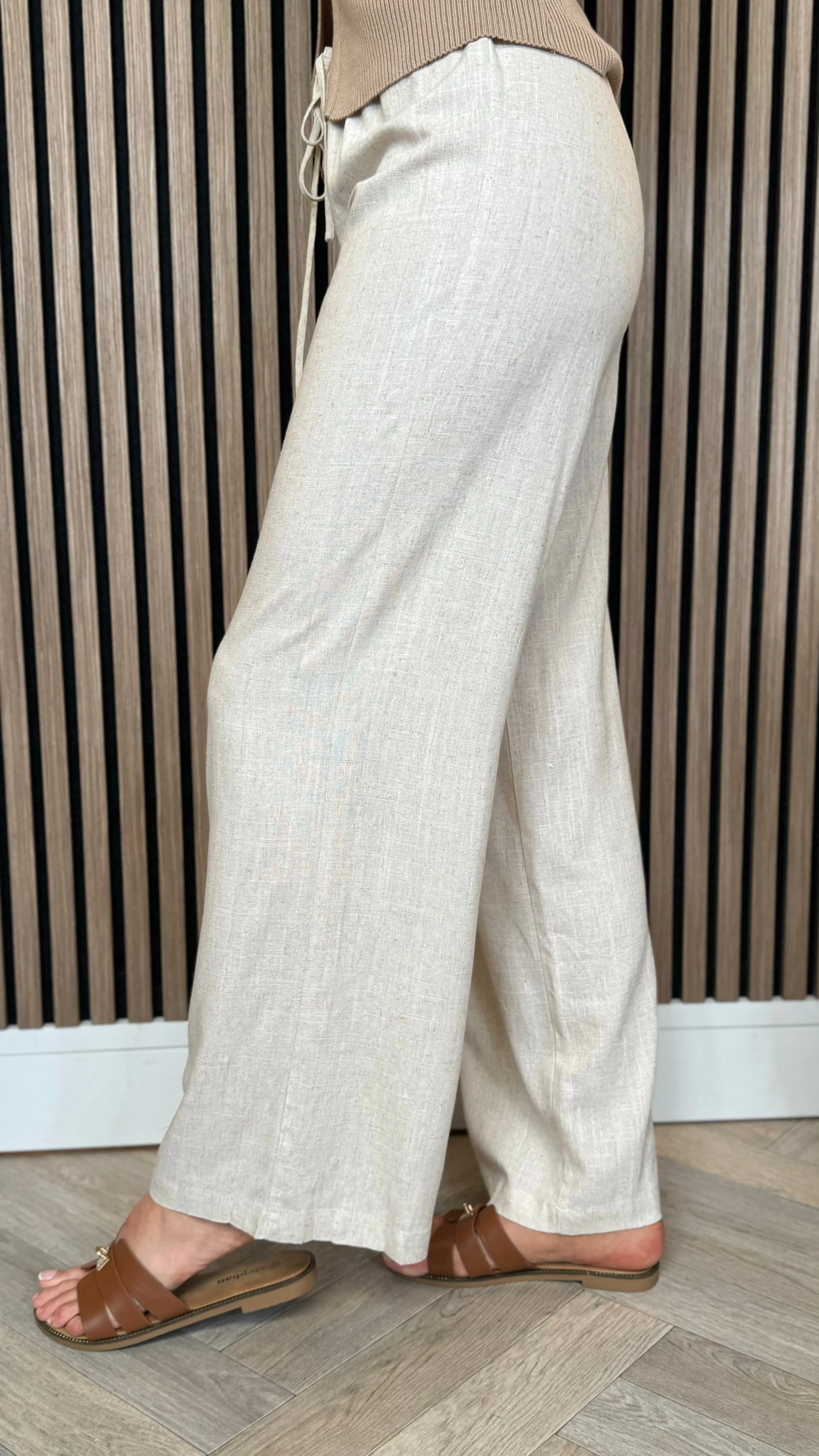 Gianna Beige Linen Effect Wide Leg Trousers