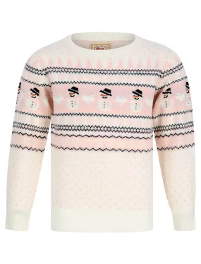 Girl's Snowman Jacquard Nordic Fairisle Novelty Christmas Jumper in Almond Blossom - Merry Christmas Kids (4-12yrs)