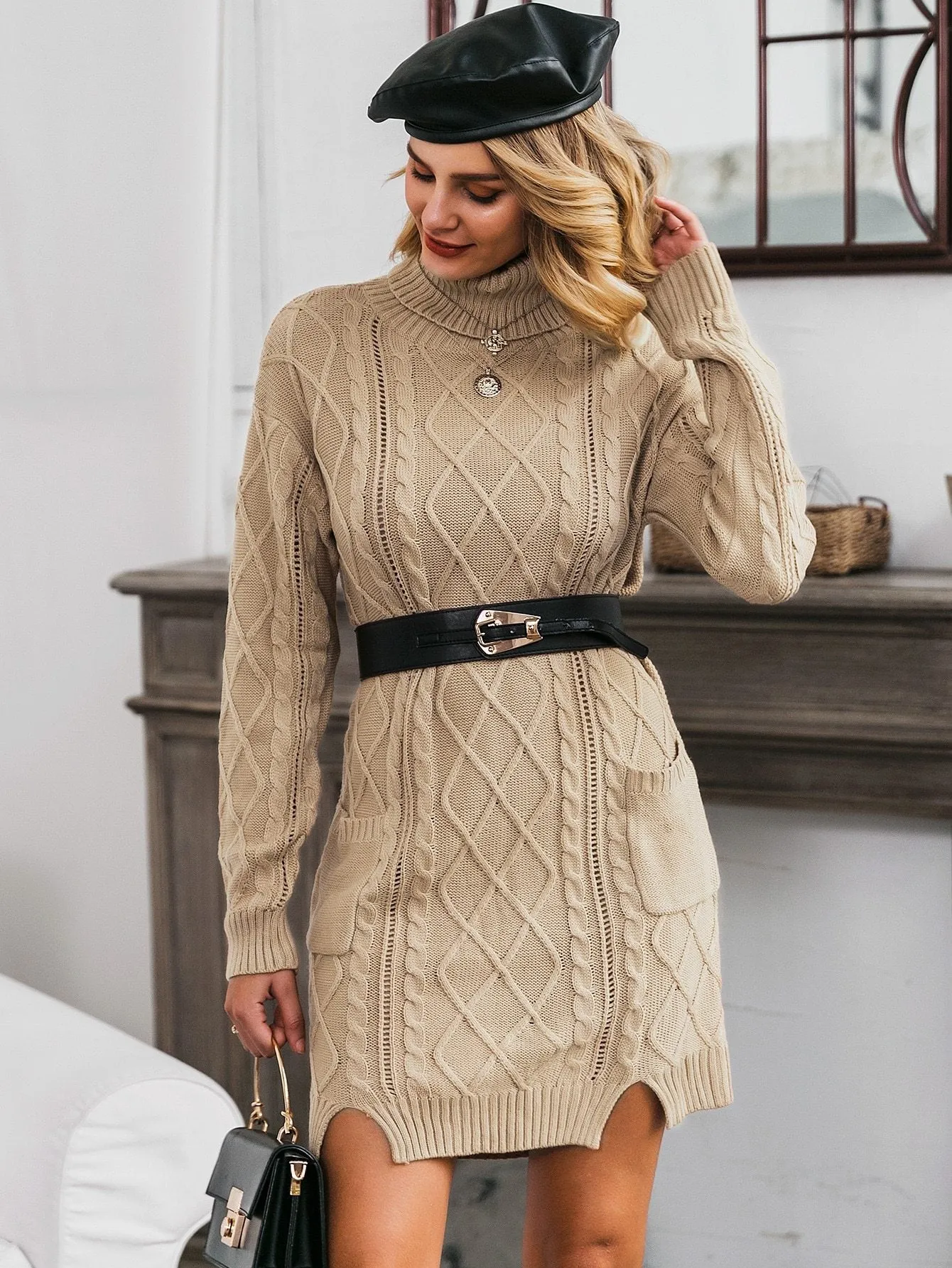 Glamaker Turtleneck Cutout Detail Cable Knit Jumper Dress Without Belt