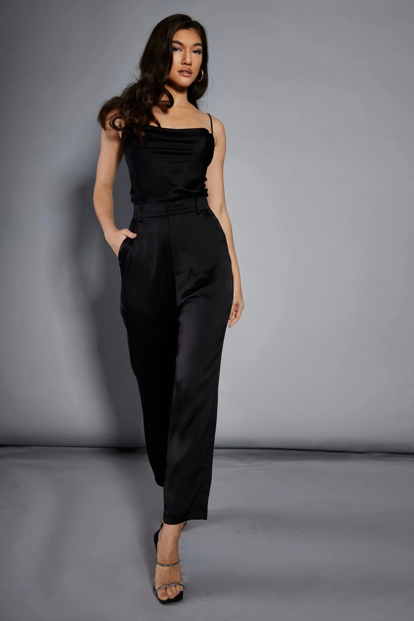 Glamorous Studio Black Satin Cropped Straight Leg Trousers