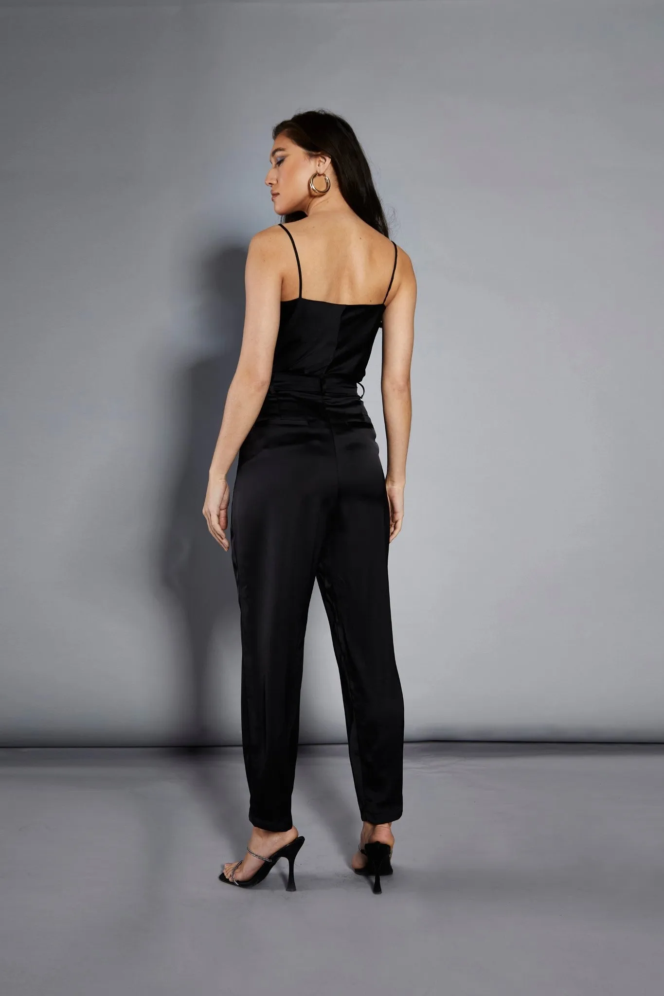 Glamorous Studio Black Satin Cropped Straight Leg Trousers