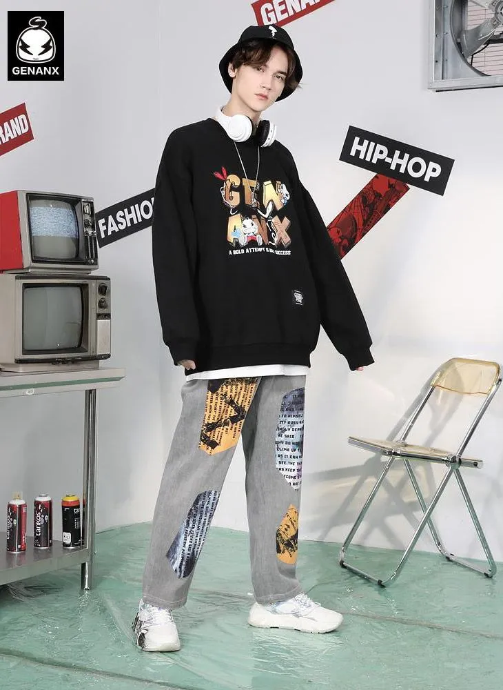 Gray Hip Hop Patchwork Straight Jeans