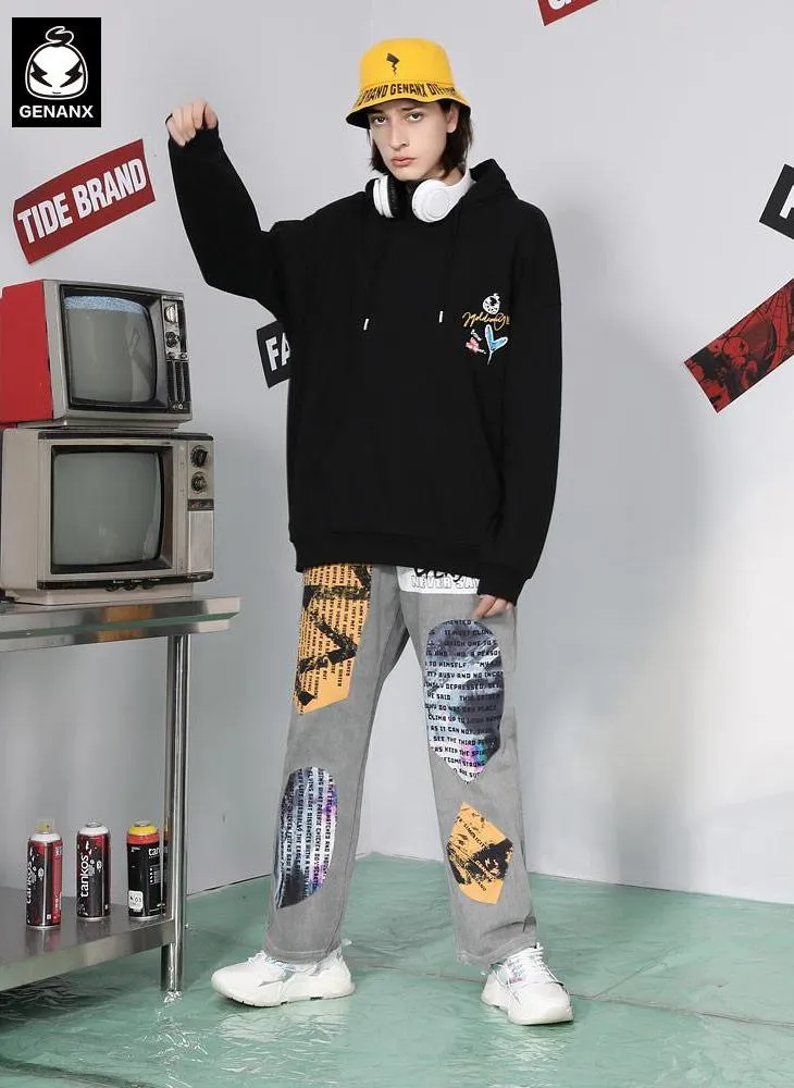 Gray Hip Hop Patchwork Straight Jeans