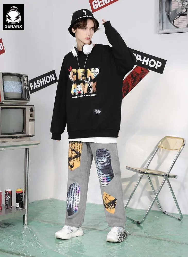 Gray Hip Hop Patchwork Straight Jeans