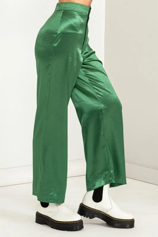 Green Set To Love Satin High-Waist Wide Leg Pants