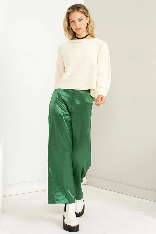 Green Set To Love Satin High-Waist Wide Leg Pants