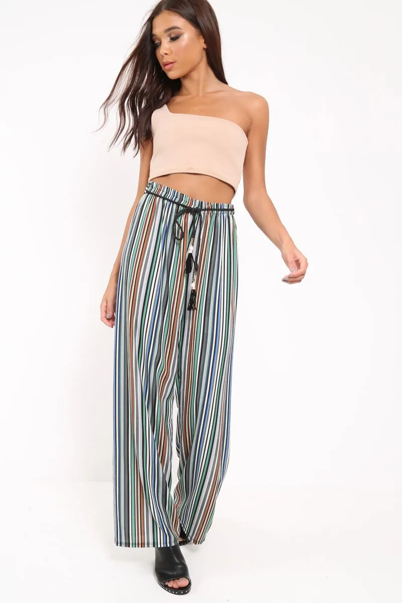 Green Stripe Wide Leg Beaded Tie Trousers - Haylie