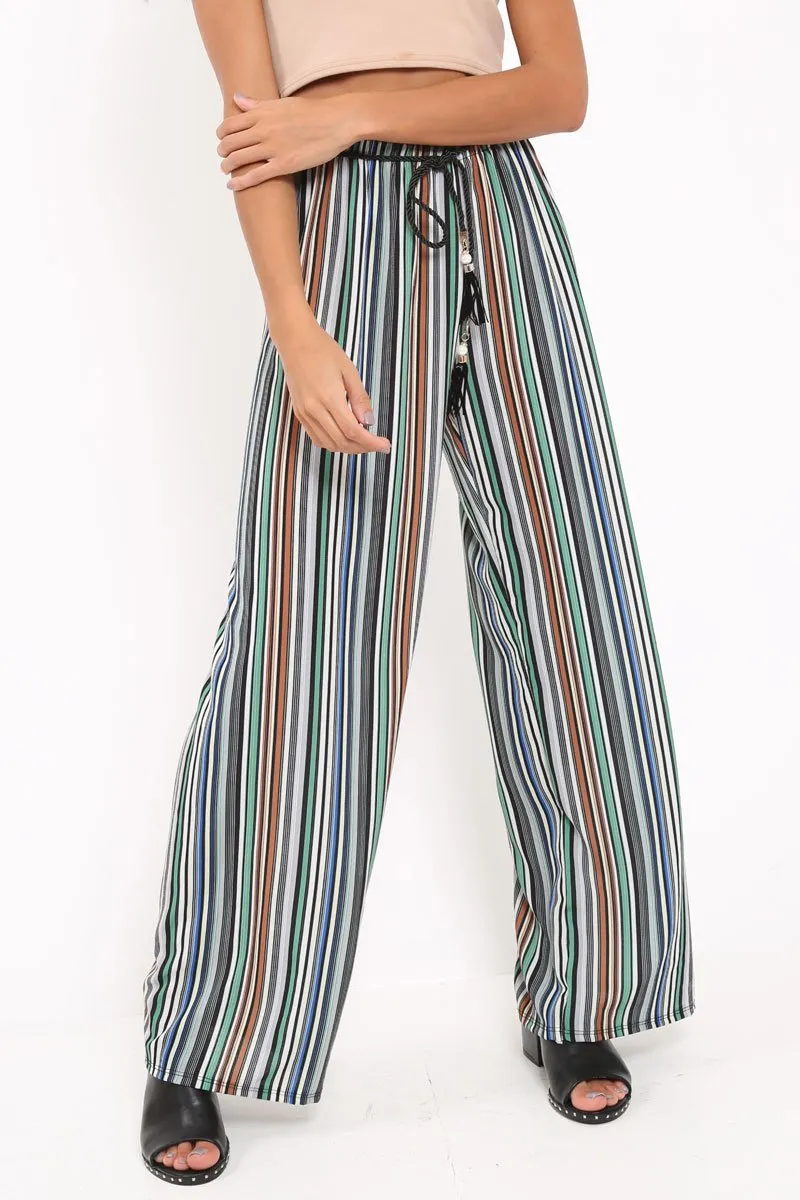 Green Stripe Wide Leg Beaded Tie Trousers - Haylie