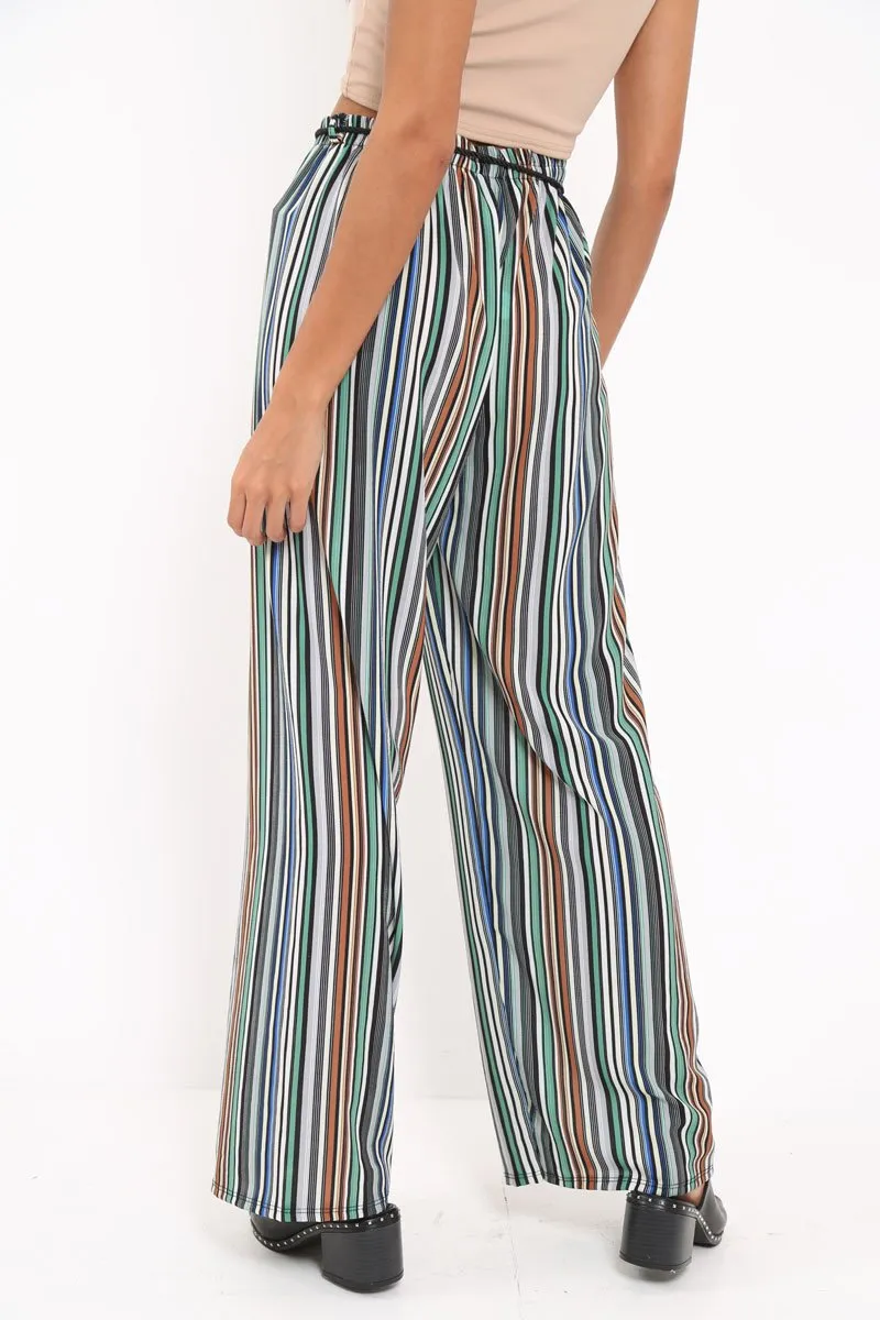 Green Stripe Wide Leg Beaded Tie Trousers - Haylie