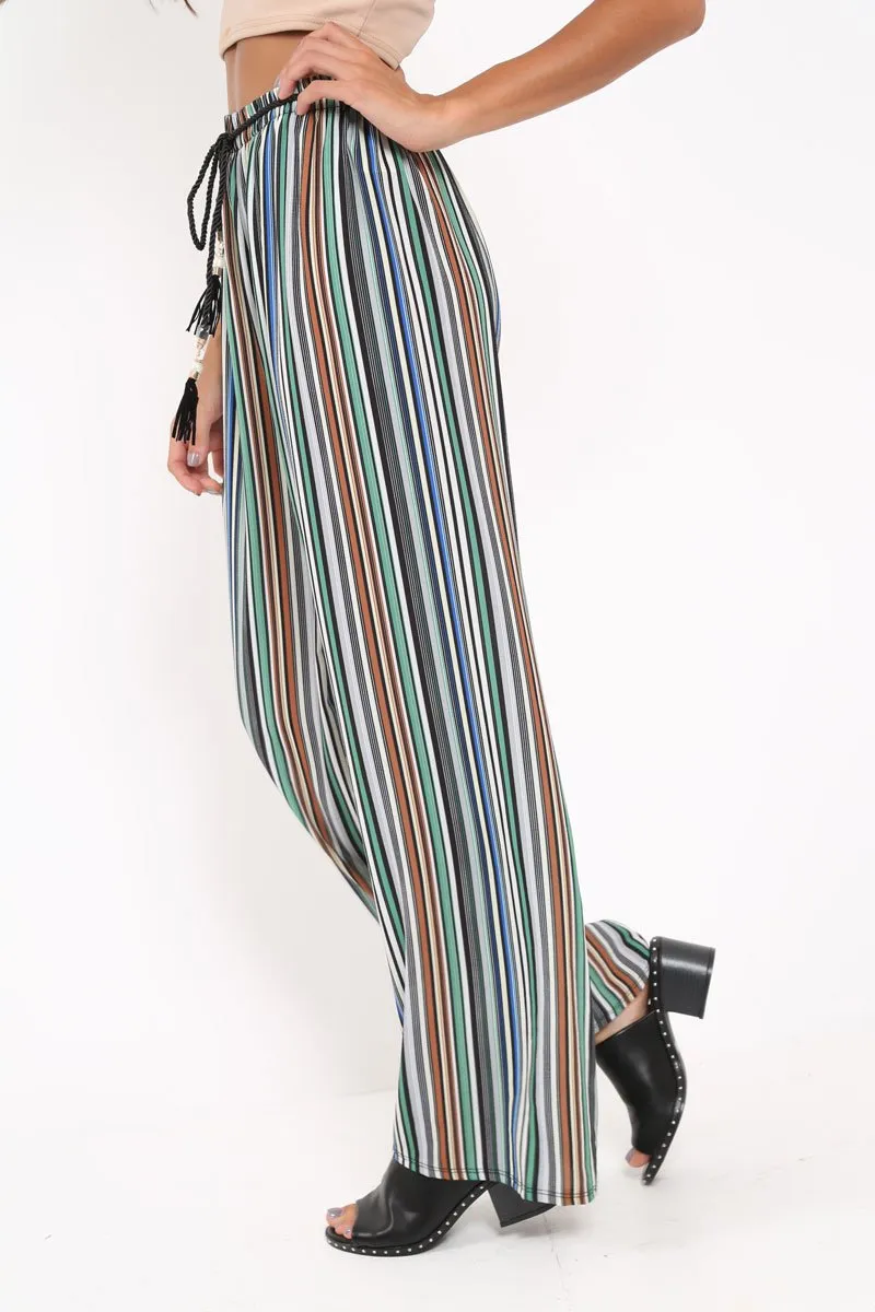 Green Stripe Wide Leg Beaded Tie Trousers - Haylie