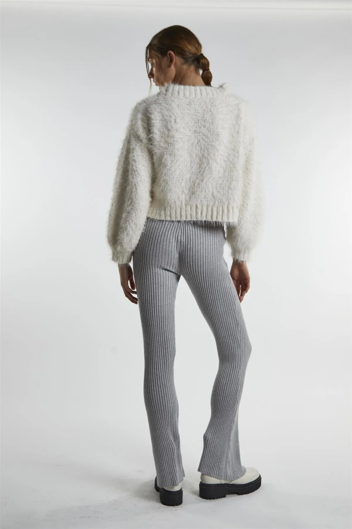 Grey-Marl Rib-Knit Flared-Trousers