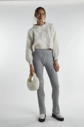 Grey-Marl Rib-Knit Flared-Trousers