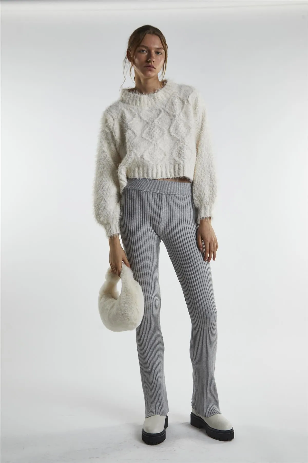 Grey-Marl Rib-Knit Flared-Trousers