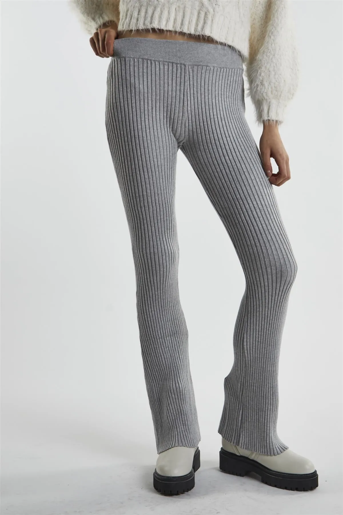 Grey-Marl Rib-Knit Flared-Trousers