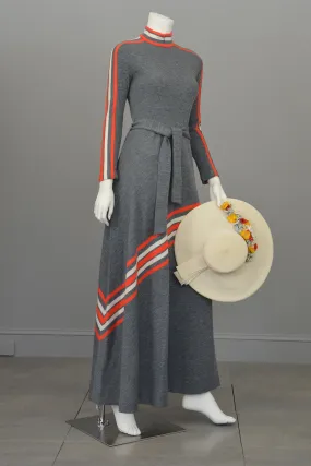 Groovy 1970s MOD Grey and Vermilion Red Striped Knit Maxi Dress by Arbe Made in Italy