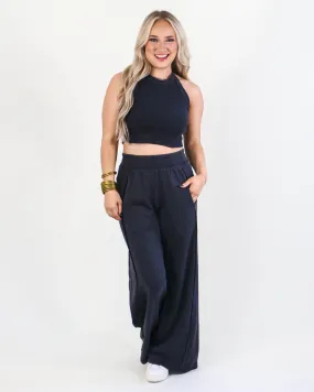 Halter Neck Crop Top and Pants Set in Charcoal