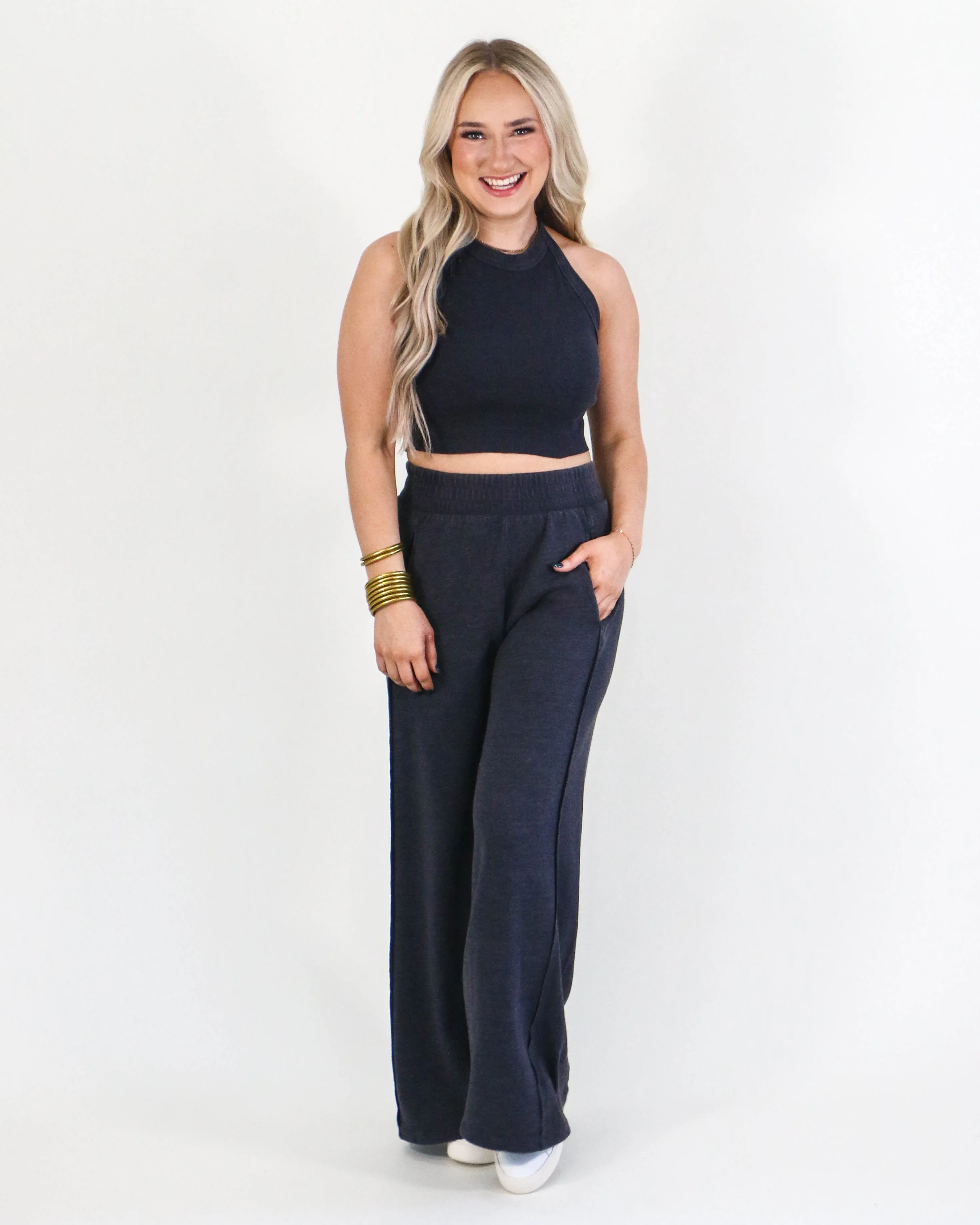 Halter Neck Crop Top and Pants Set in Charcoal