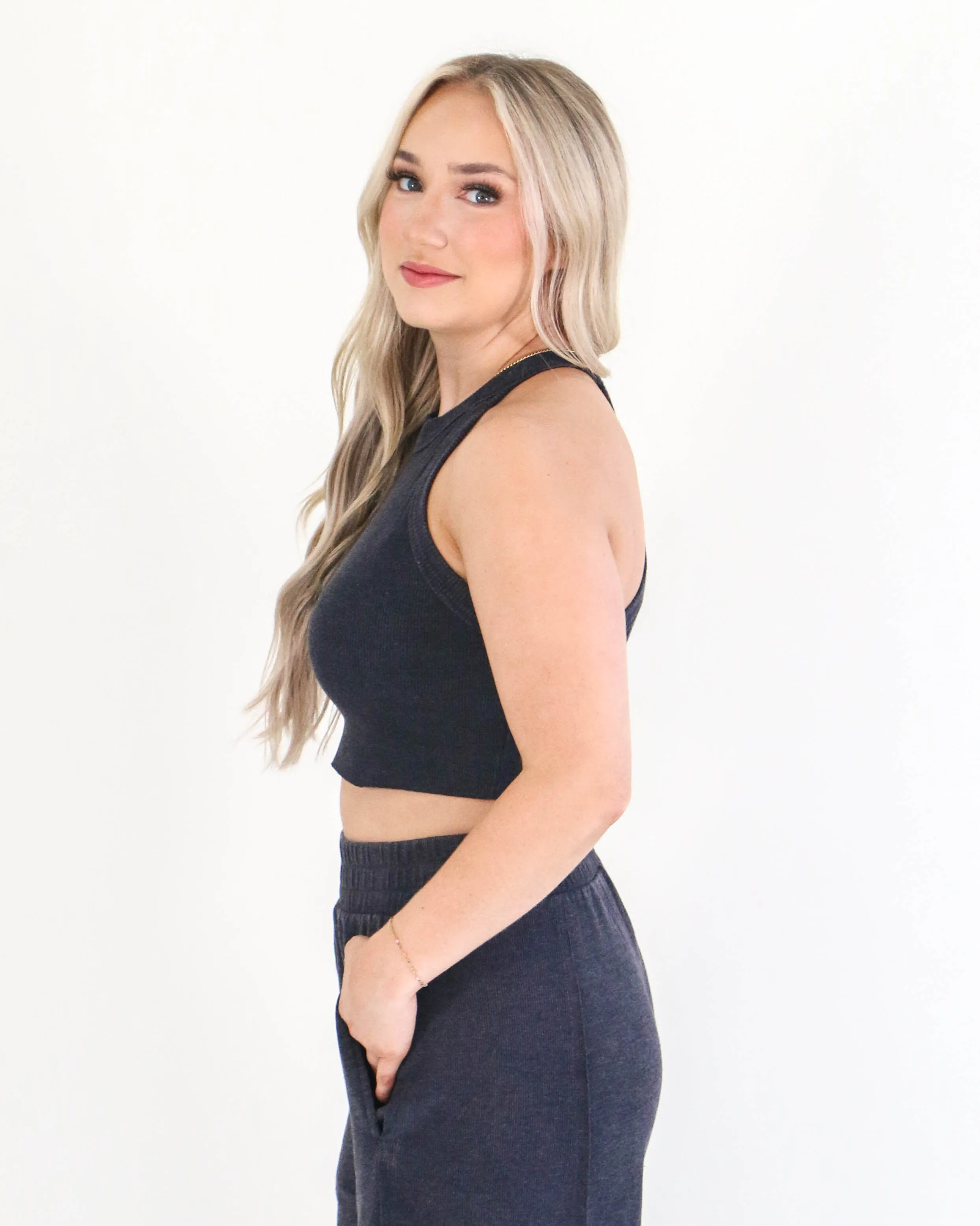 Halter Neck Crop Top and Pants Set in Charcoal