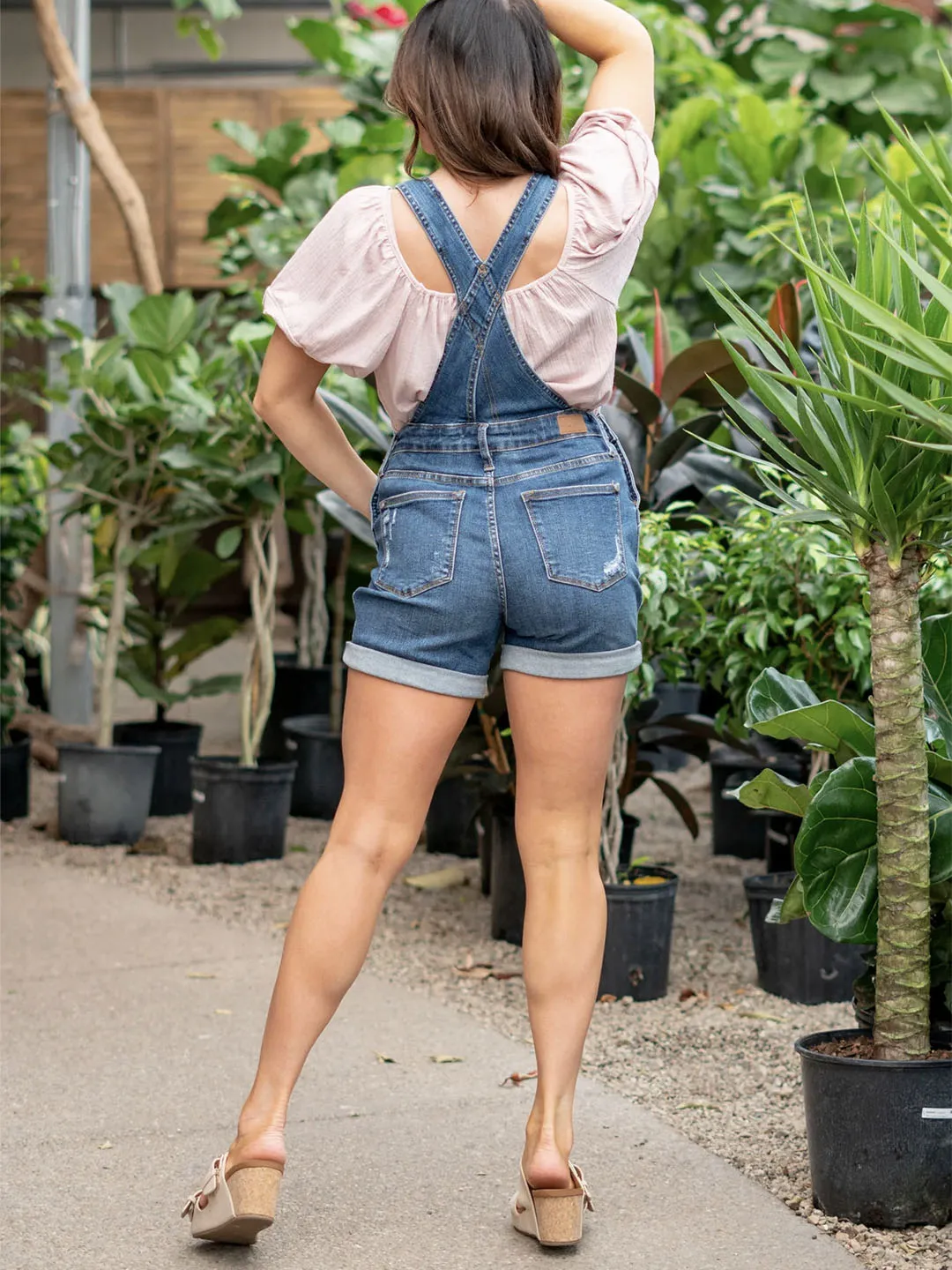 High Rise Denim Overall Shorts