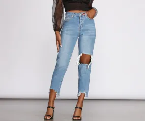 High Rise Destructed Straight Leg Jeans