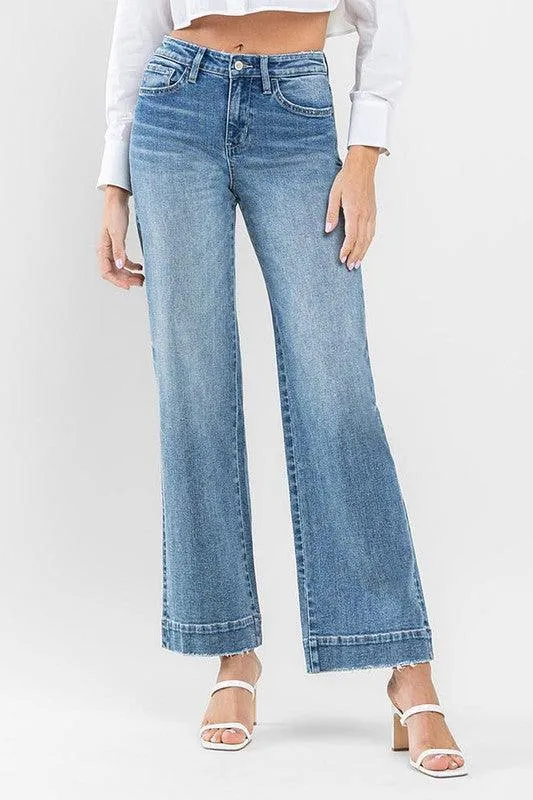 High Rise Trouser Hem Detail Wide Leg Jeans