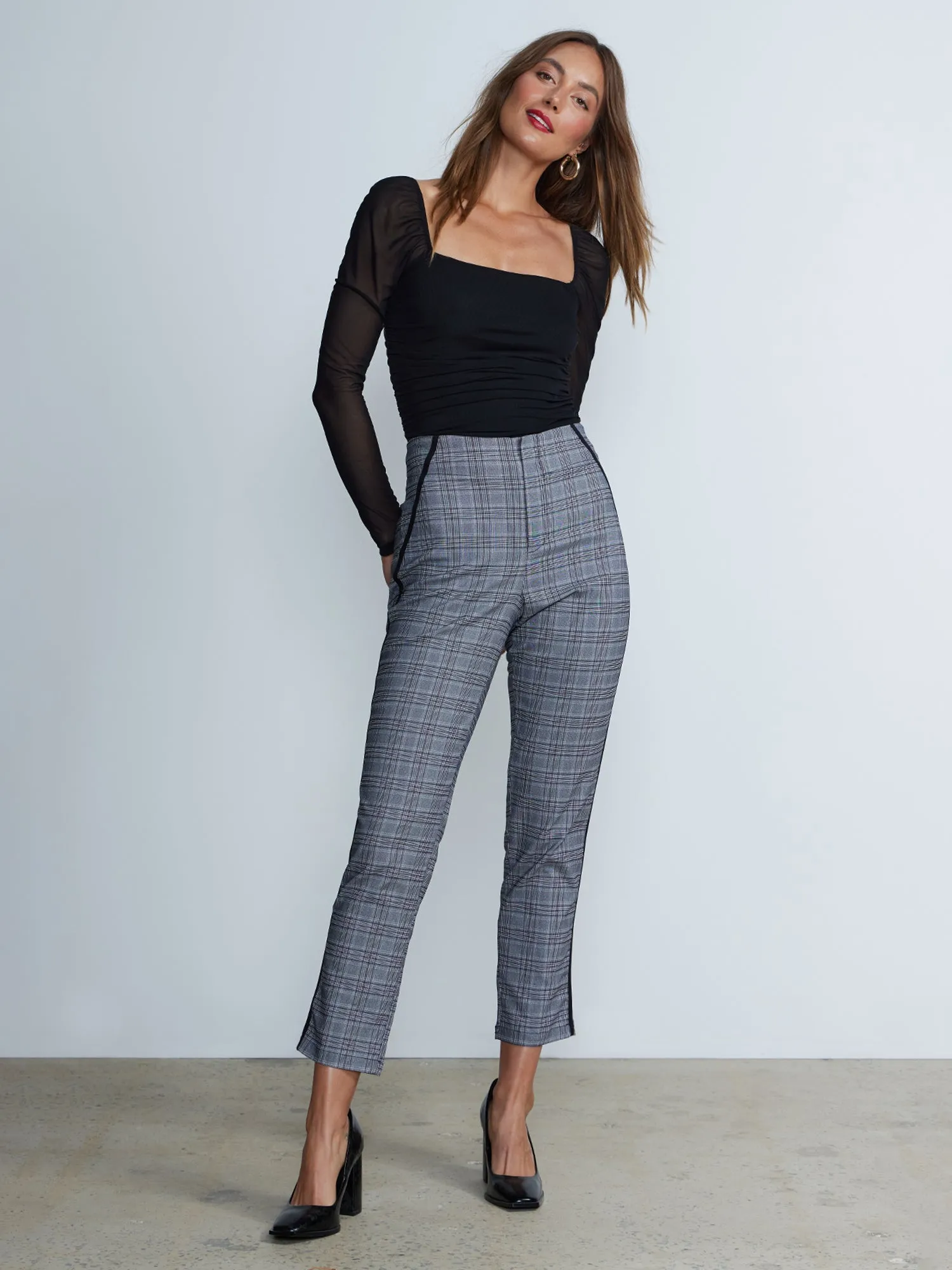 High Waist Plaid Straight Leg Slim Pants