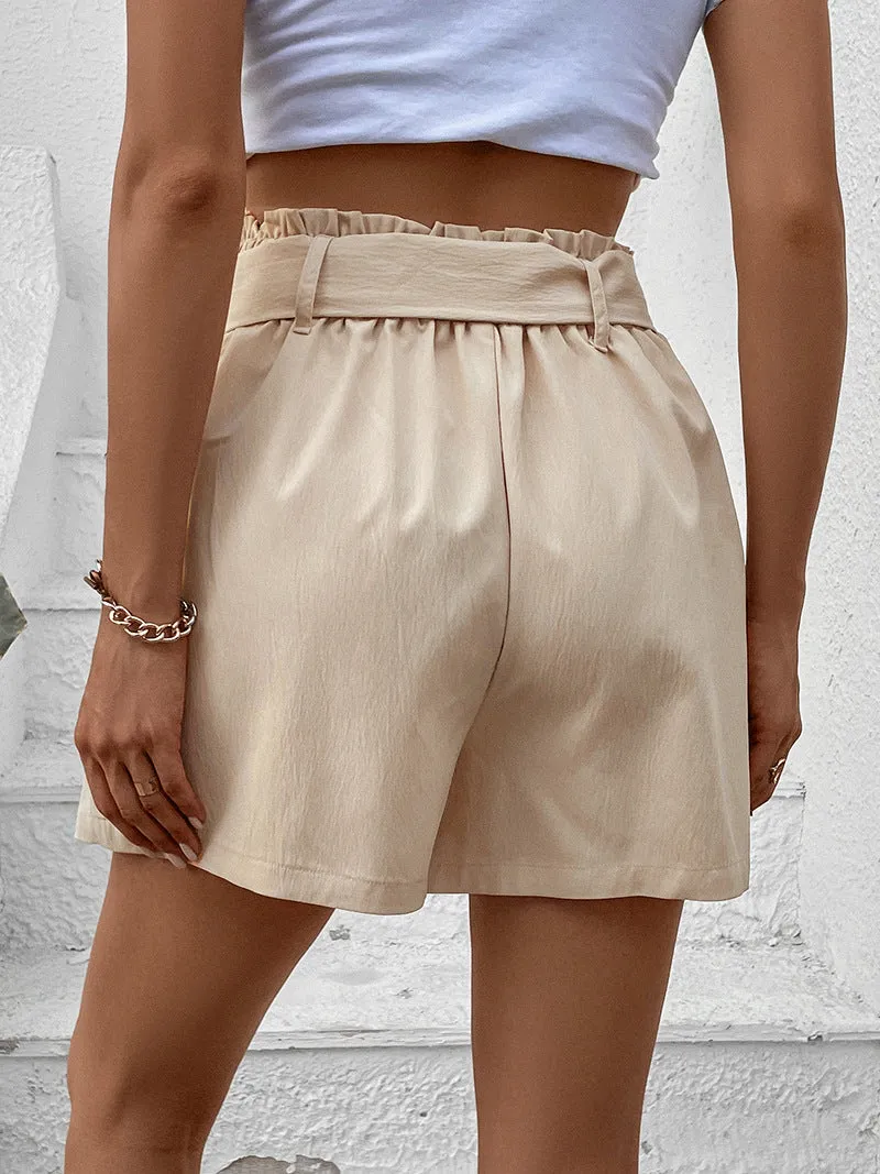 High Waist Pleated Belted Shorts (Apricot Color)