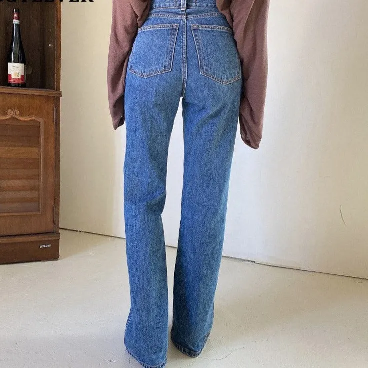 High Waist Pockets Female Floor-length Wide Leg Denim Trousers