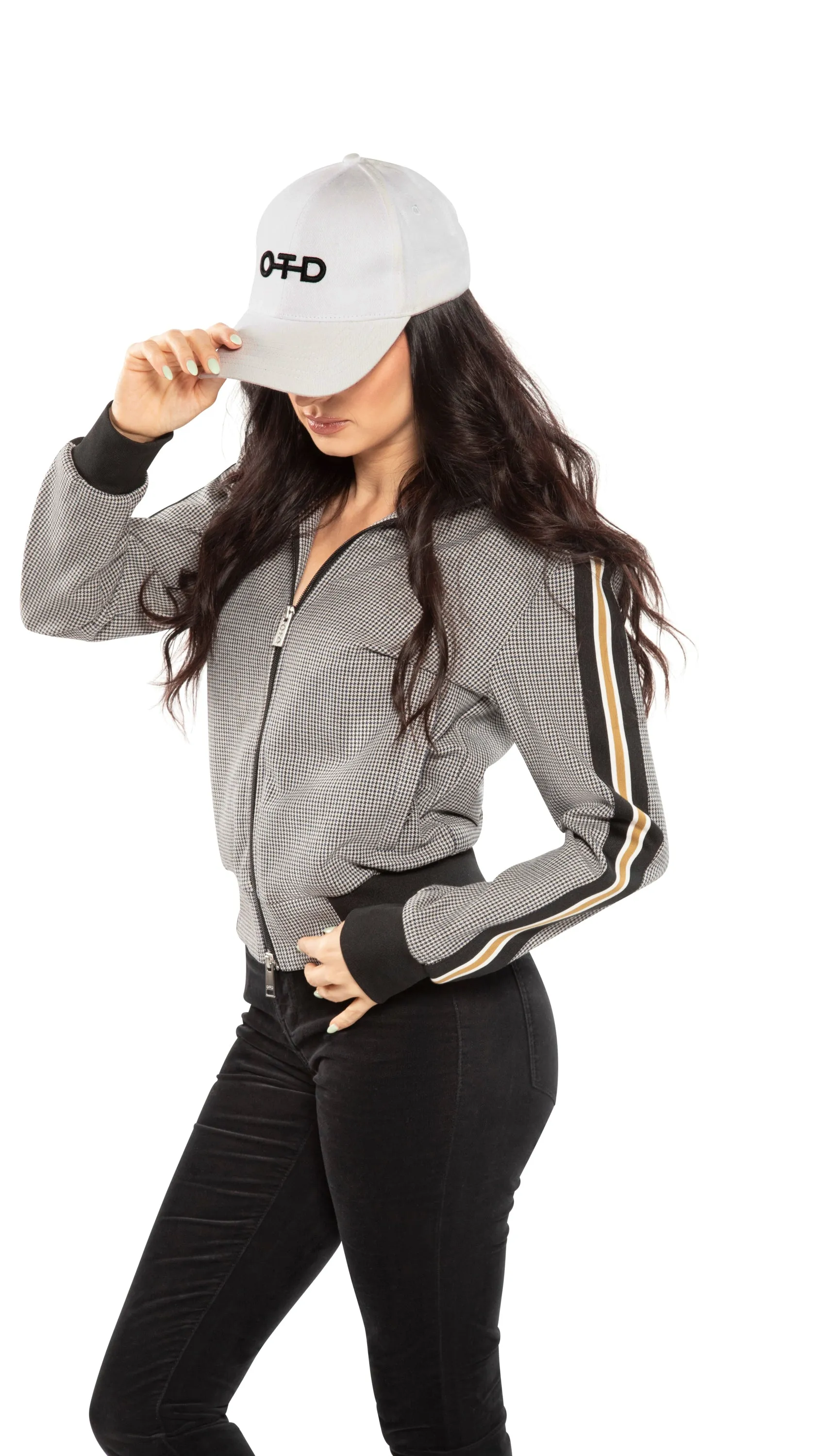 Houndstooth Track Jacket With Side Tape Detail