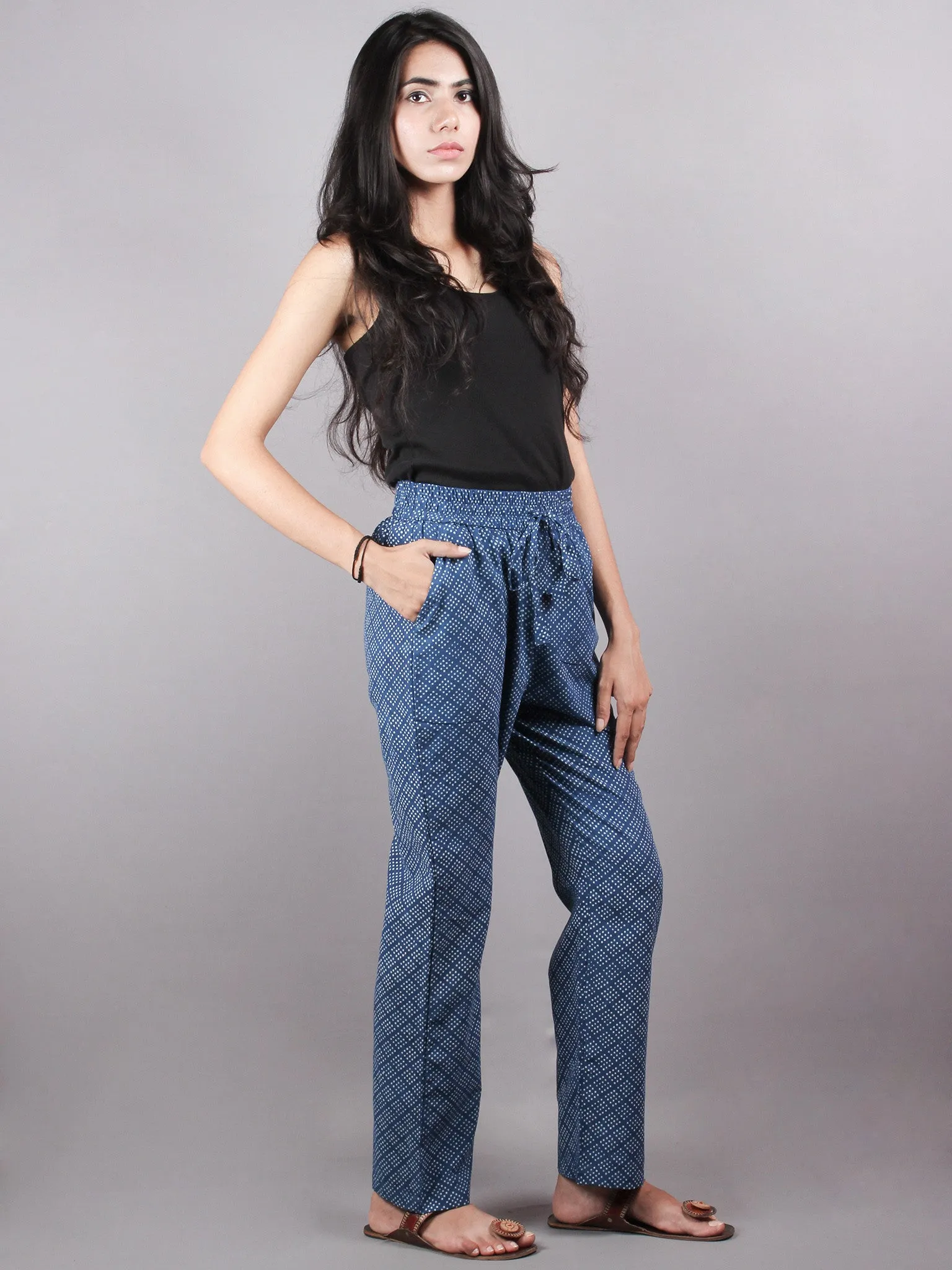 Indigo Hand Block Printed Elasticated Waist Trousers- T0317028