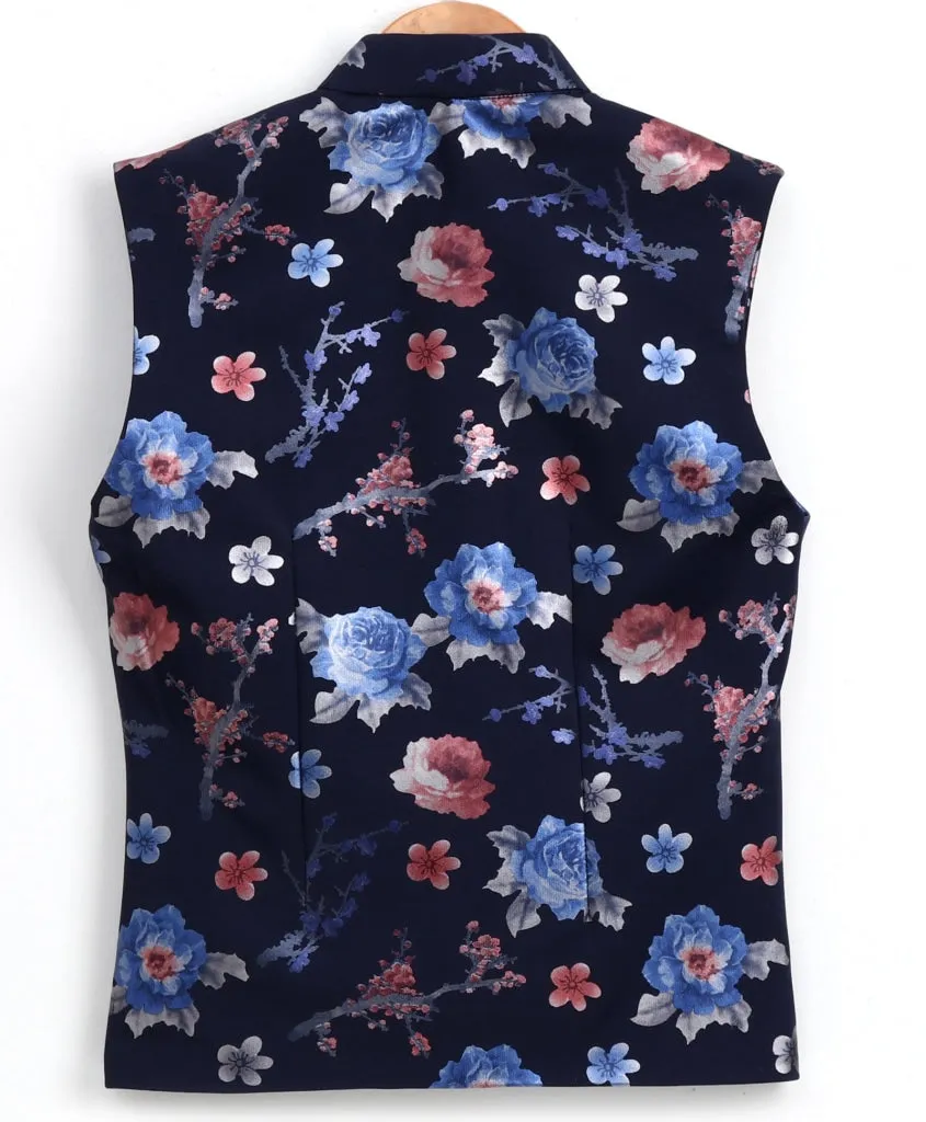 Jashvi Boy's Imported Fabric Floral Print Navy Blue Nehru Jacket