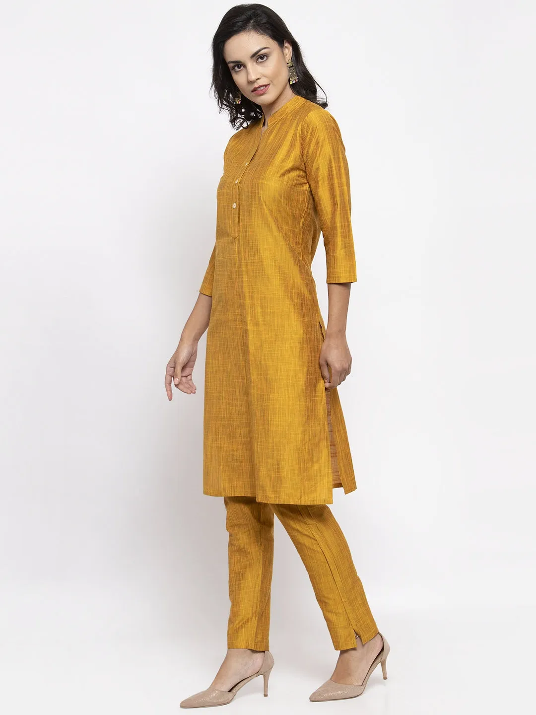 Jashvi Women Yellow Self-Striped Kurta with Trousers