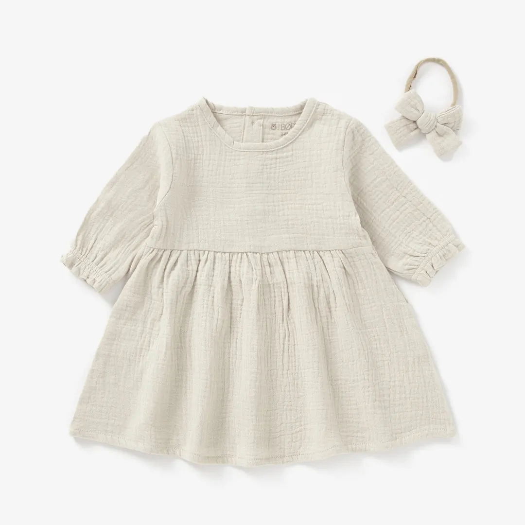 JBØRN Organic Cotton Muslin Baby Girl Dress and Bow | Personalisable