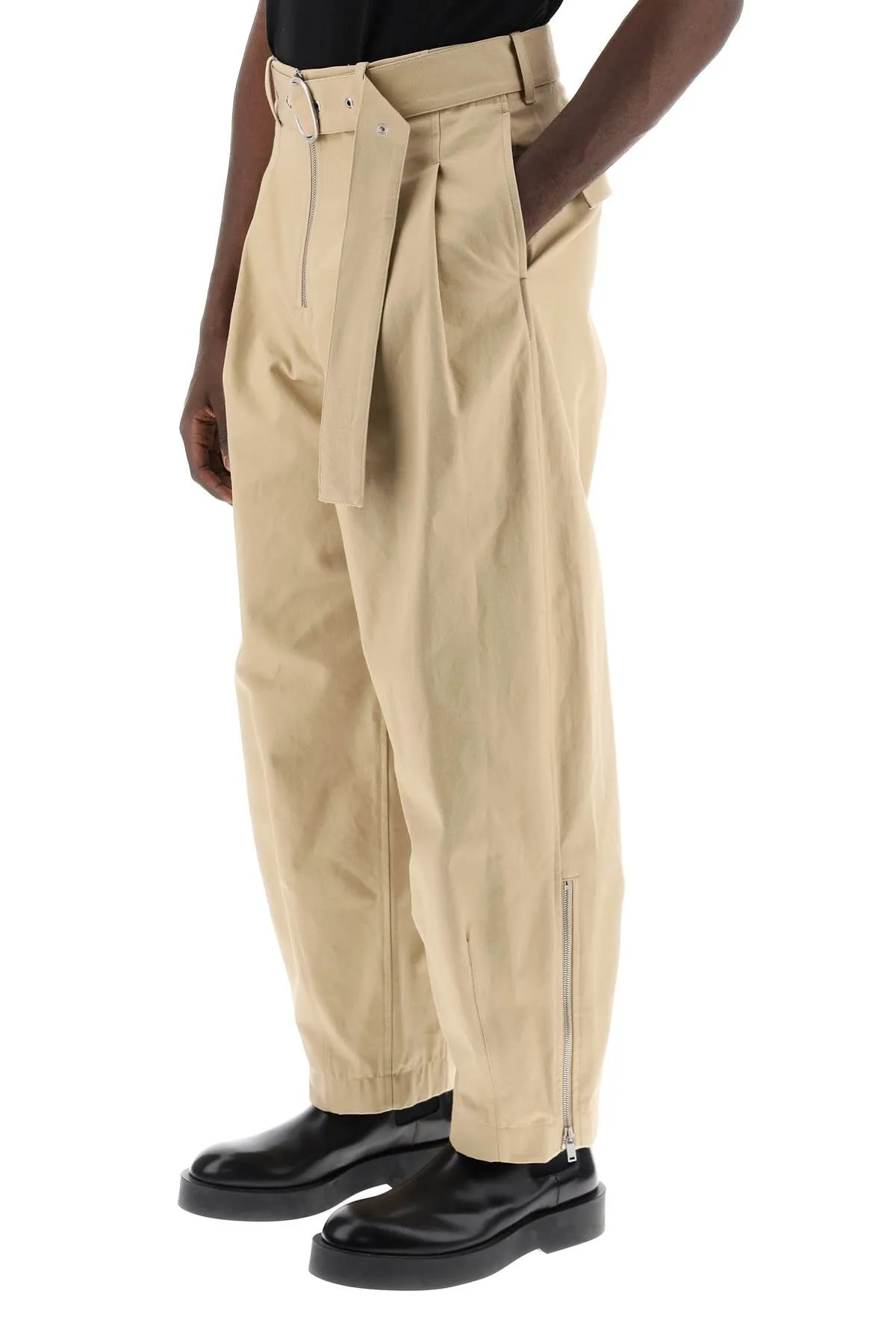 JIL SANDER Men's Beige Cotton Pants with Removable Belt for SS24