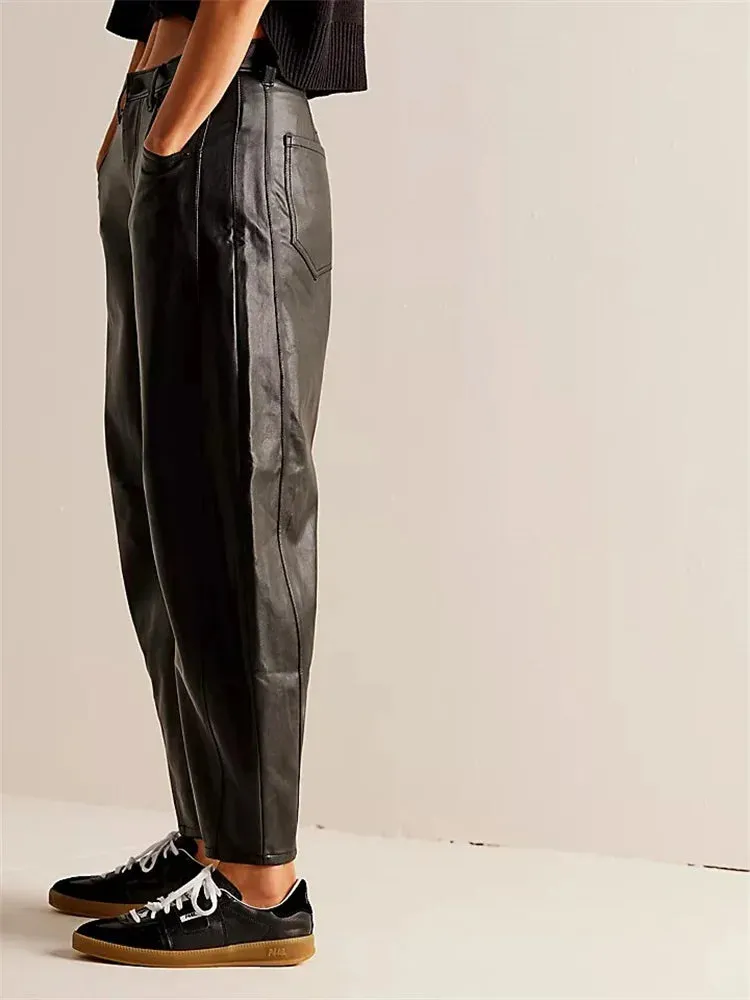 JuliaFashion - Loose PU Leather Wide Leg with Pockets Pants