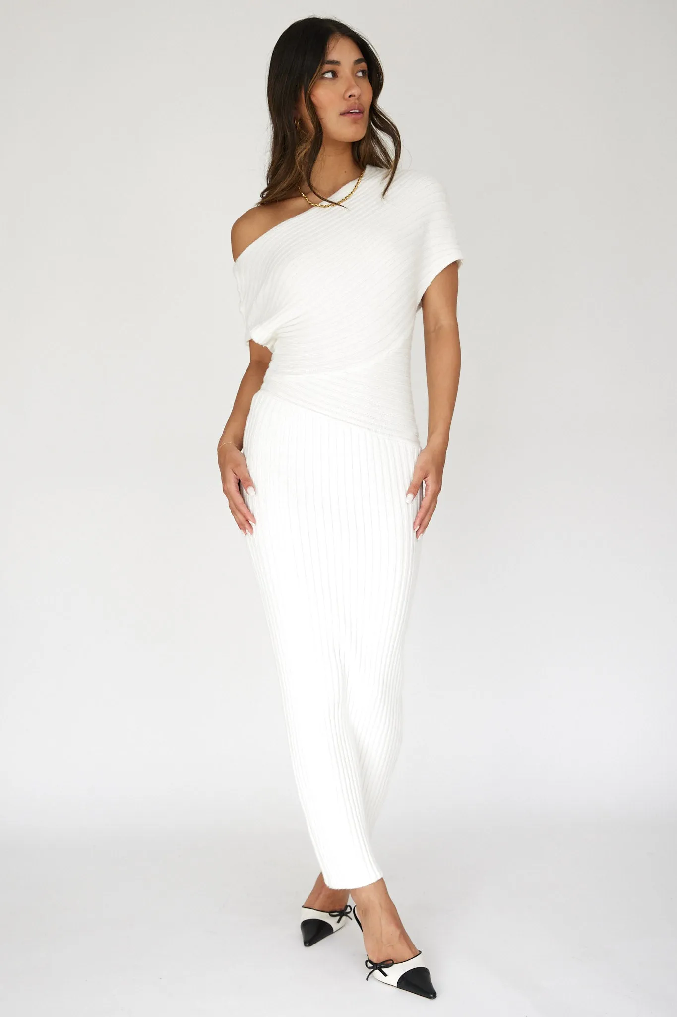 Kaelyn Asymmetric Neck Knit Maxi Dress White